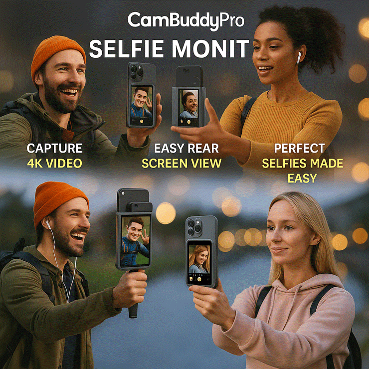 CamBuddyPro™ Magnetic Wireless Selfie Monitor showing easy rear screen view for perfect 4K video selfies with magnetic mount on smartphones.