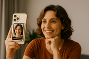 Content creator using a magnetic selfie screen with smartphone on tripod during outdoor shoot