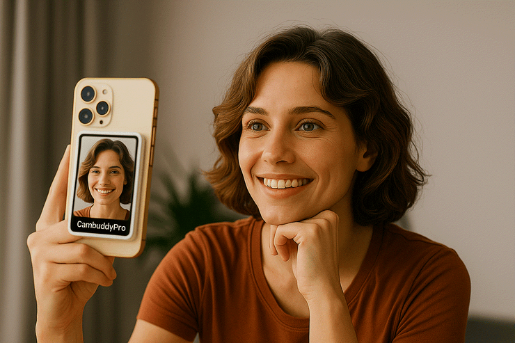 Content creator using a magnetic selfie screen with smartphone on tripod during outdoor shoot