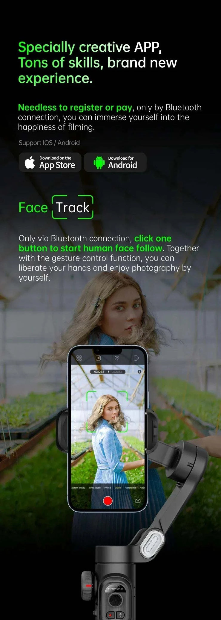 3-Axis handheld gimbal stabilizer with AI face tracking and Bluetooth for smartphones, ideal for smooth vlogging and TikTok videos
