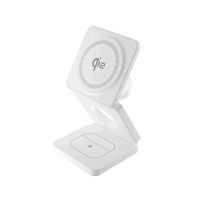 Foldable Qi2 magnetic wireless charger station for iPhone, AirPods, and Apple Watch fast charging