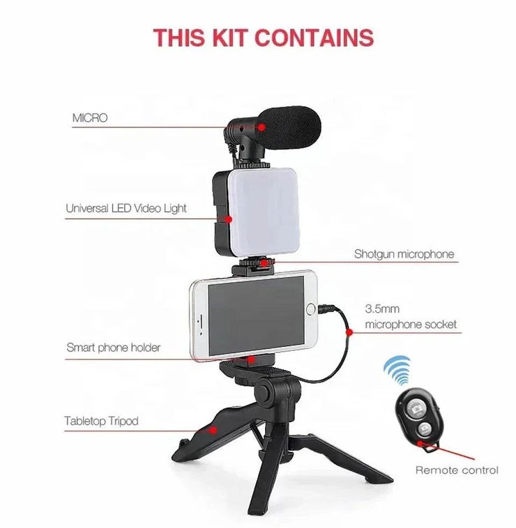 Smartphone vlogging kit with tripod, LED video light, shotgun microphone, phone holder, and remote control for live streaming and video recording.