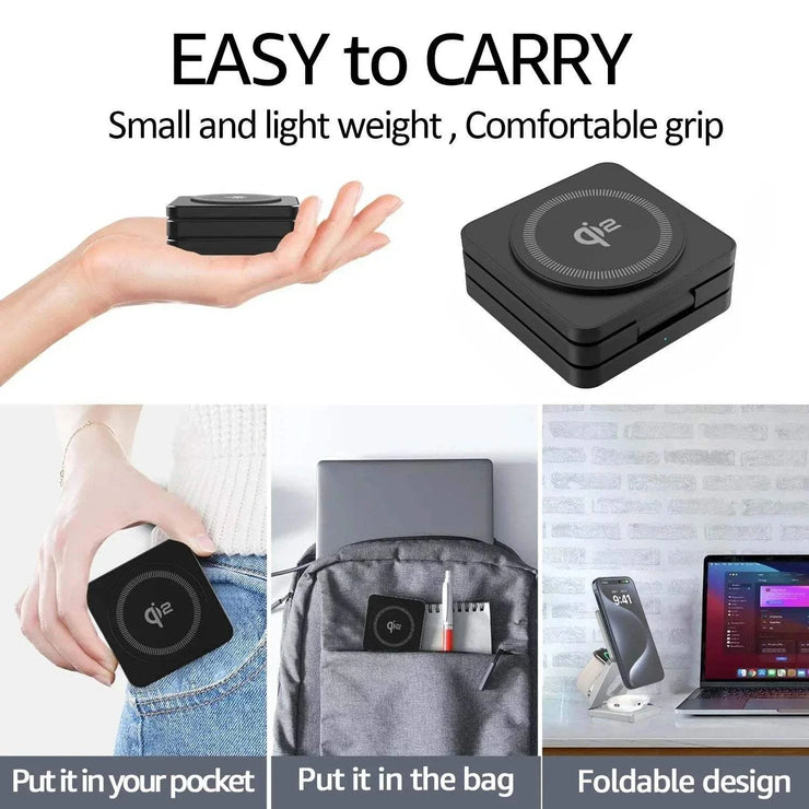 Foldable Qi2 magnetic wireless charger 3 in 1 fast charging station for iPhone, AirPods, and Apple Watch, compact and easy to carry.