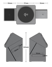 Compact grey multifunctional smartwatch charger with Type C connector, foldable design, and magnetic wireless charging features, compatible with multiple devices including phones and earphones.