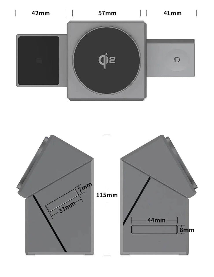 Compact grey multifunctional smartwatch charger with Type C connector, foldable design, and magnetic wireless charging features, compatible with multiple devices including phones and earphones.