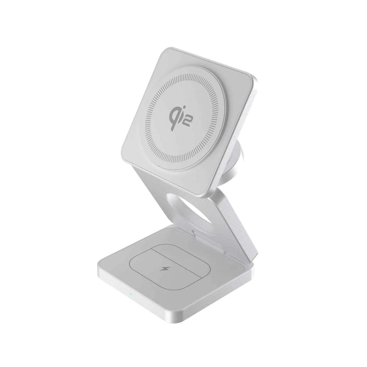 Foldable Qi2 magnetic wireless charger station for iPhone, AirPods, and Apple Watch fast charging