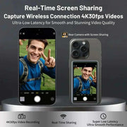 CamBuddyPro™ Magnetic Wireless Selfie Monitor showing real-time 4K30fps rear camera preview on phone for vloggers and content creators.