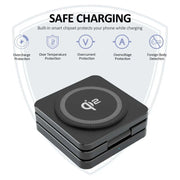 Foldable Qi2 magnetic wireless charger station for iPhone, AirPods, and Apple Watch with fast 15W charging and built-in safety protections.