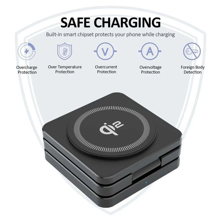 Foldable Qi2 magnetic wireless charger station for iPhone, AirPods, and Apple Watch with fast 15W charging and built-in safety protections.