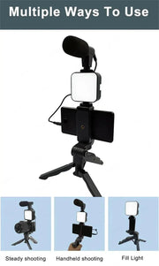 Smartphone vlogging kit with tripod, phone holder, mini microphone, and LED fill light for steady and handheld shooting.