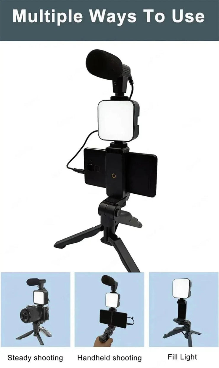 Smartphone vlogging kit with tripod, phone holder, mini microphone, and LED fill light for steady and handheld shooting.