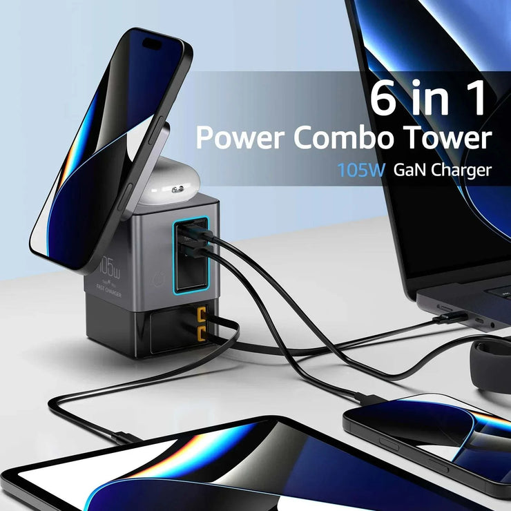 105W Charging Station with retractable USB-C cable and wireless charging powering multiple devices including phones, tablet, and laptop