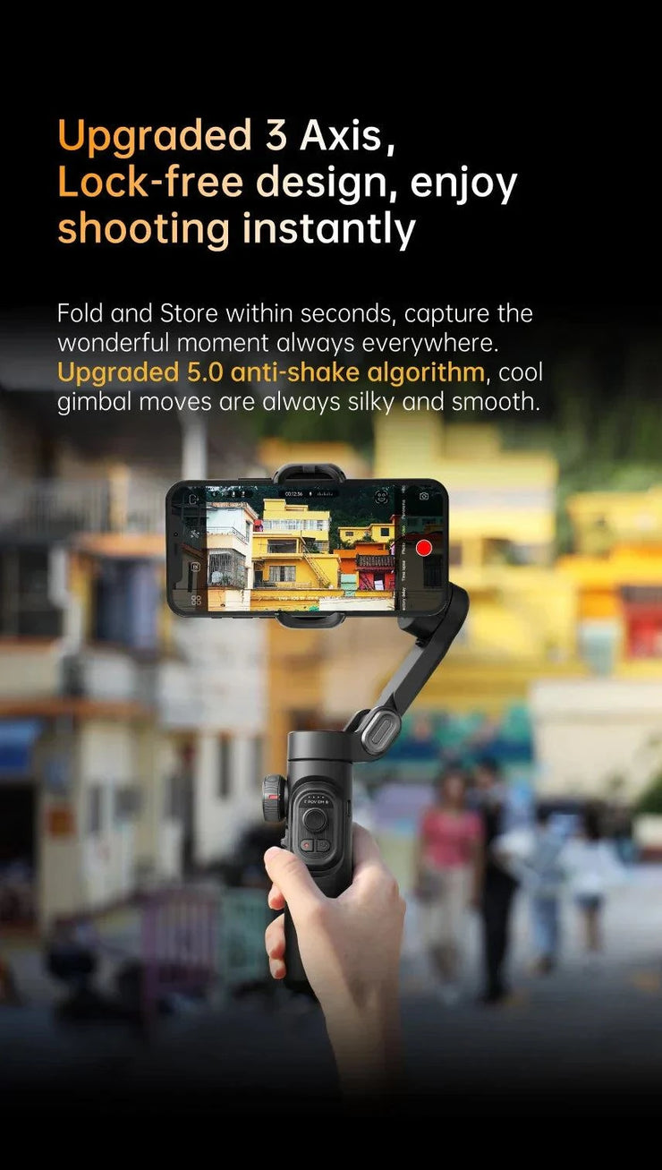 3-Axis handheld gimbal stabilizer with upgraded anti-shake algorithm for smooth smartphone video shooting
