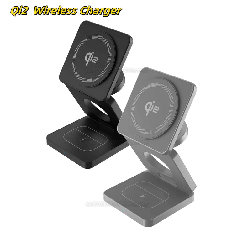 Foldable Qi2 magnetic wireless charger stand for iPhone, AirPods, and Apple Watch fast charging station in black and gray colors