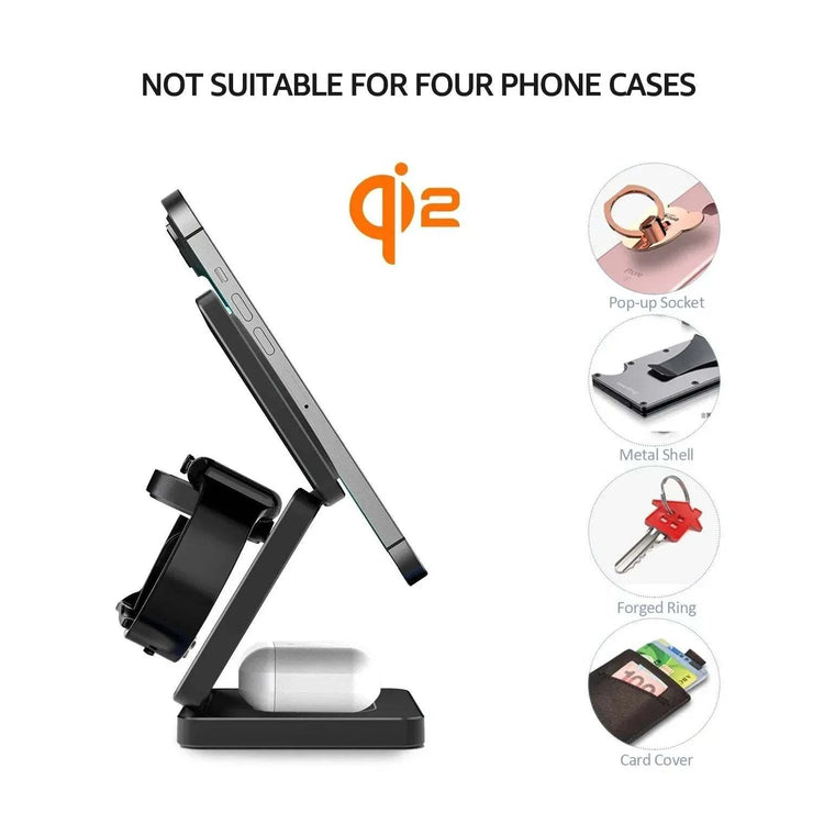 Foldable 3-in-1 magnetic wireless charger Qi2 for iPhone, Apple Watch, and AirPods fast charging station