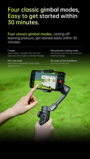 3-Axis handheld gimbal stabilizer with smartphone mount, AI face tracking, Bluetooth, and multiple shooting modes for smooth video recording.