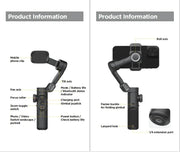 3-Axis handheld gimbal stabilizer with smartphone mount, joystick control, and Bluetooth connectivity for smooth video stabilization and AI face tracking.