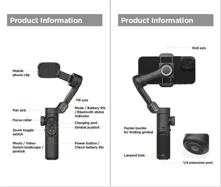 3-Axis handheld gimbal stabilizer with smartphone mount, joystick control, and Bluetooth connectivity for smooth video stabilization and AI face tracking.
