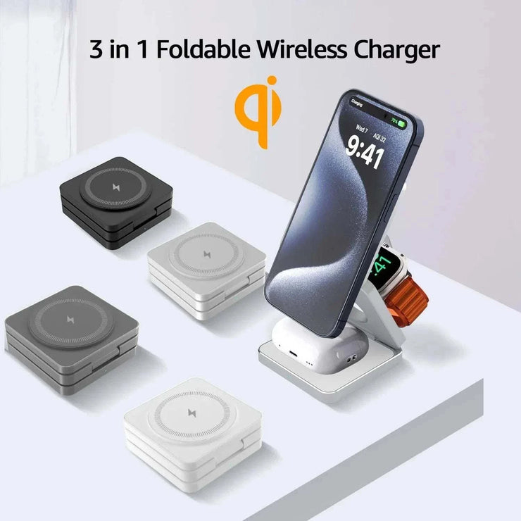 Foldable 3 in 1 magnetic wireless charger station for iPhone, AirPods, and Apple Watch with fast charging and compact design.
