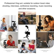 Smartphone vlogging kit with tripod, mini microphone, LED fill light, and phone holder for live streaming and video recording