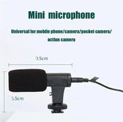 Mini microphone for smartphone vlogging kit universal for mobile phone camera and action camera with dimensions 9.5cm by 5.5cm.
