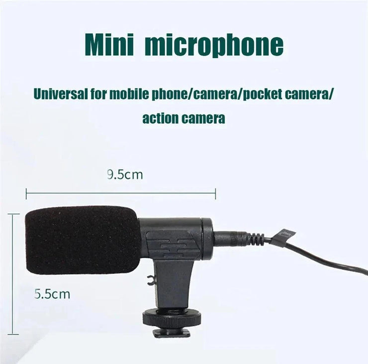 Mini microphone for smartphone vlogging kit universal for mobile phone camera and action camera with dimensions 9.5cm by 5.5cm.