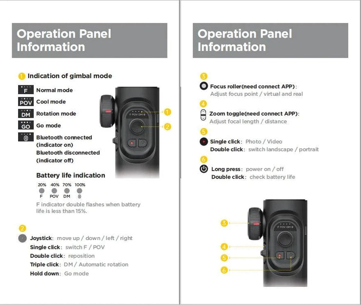 3-Axis handheld gimbal stabilizer operation panel with joystick and focus roller controls for smartphone video stabilization