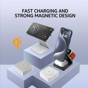 Foldable 3-in-1 magnetic wireless charger station for iPhone, AirPods, and Apple Watch with fast charging and compact design