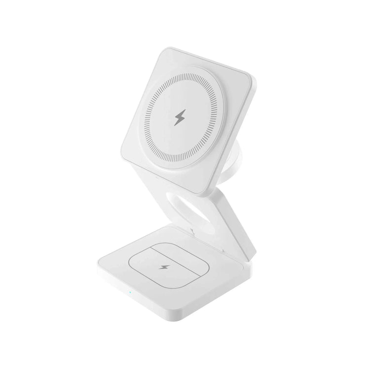 Foldable 3-in-1 magnetic wireless charger station for iPhone, AirPods, and Apple Watch fast charging.