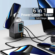 105W Charging Station power combo tower with retractable USB-C cable, multiple device ports, and wireless charging for phones and accessories