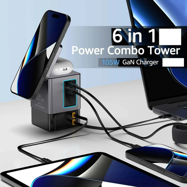 105W Charging Station power combo tower with retractable USB-C cable, multiple device ports, and wireless charging for phones and accessories