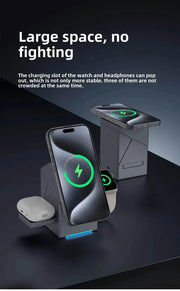 Multifunctional foldable grey smartwatch charger with magnetic wireless charging for phones, smartwatches, and earphones.