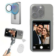 CamBuddyPro™ magnetic wireless selfie monitor attached to smartphone showing real-time rear camera preview with wireless remote control and magnetic mount system in white.