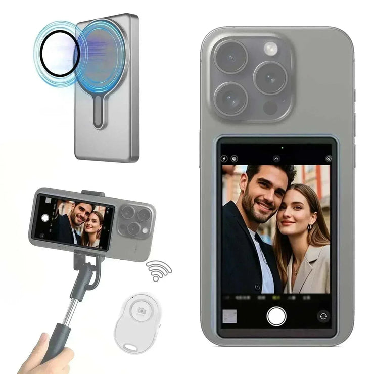 CamBuddyPro™ magnetic wireless selfie monitor attached to smartphone showing real-time rear camera preview with wireless remote control and magnetic mount system in white.