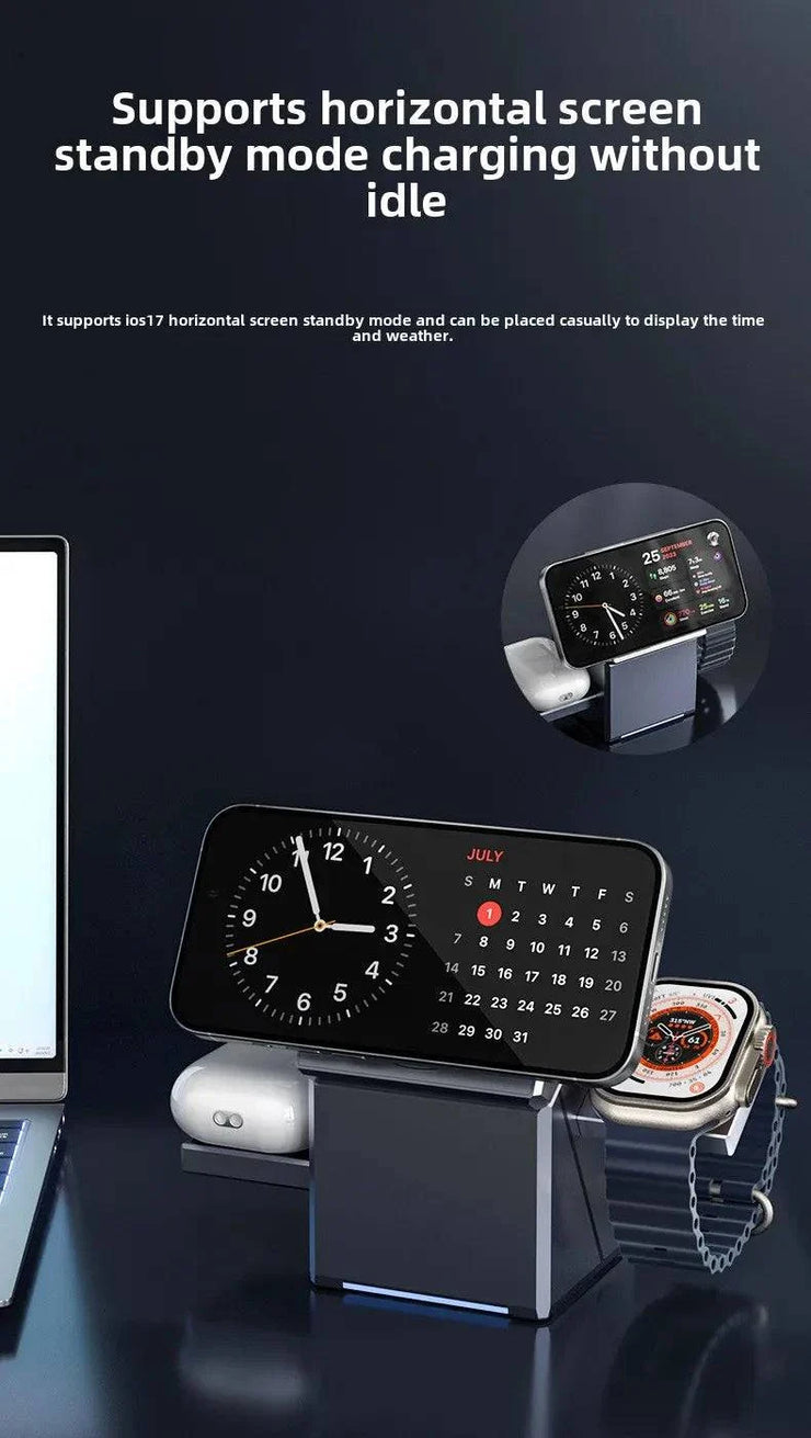 Smartwatch charger with horizontal screen standby mode showing time and calendar display