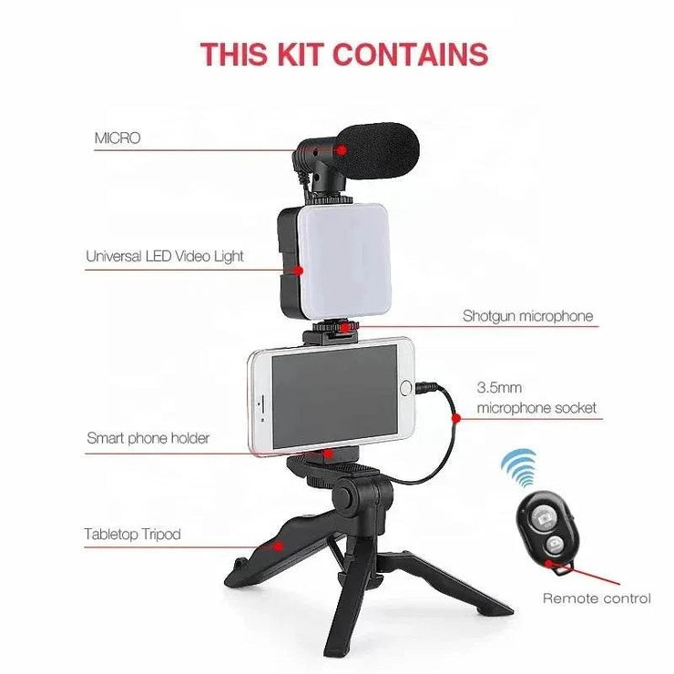 Smartphone vlogging kit with tripod, phone holder, LED fill light, shotgun microphone, and Bluetooth remote control for live streaming and video recording.