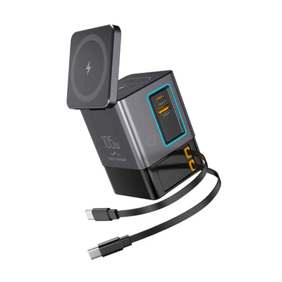 105W Charging Station with retractable USB-C cable, dual USB ports, and 15W wireless charging for multiple devices