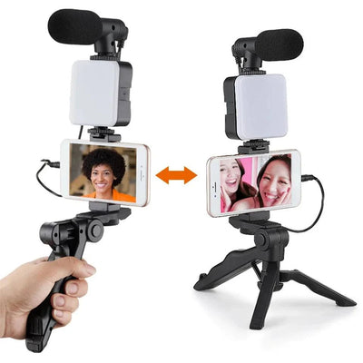 Smartphone vlogging kit with tripod, mini microphone, LED fill light, and phone holder for live streaming and video recording.