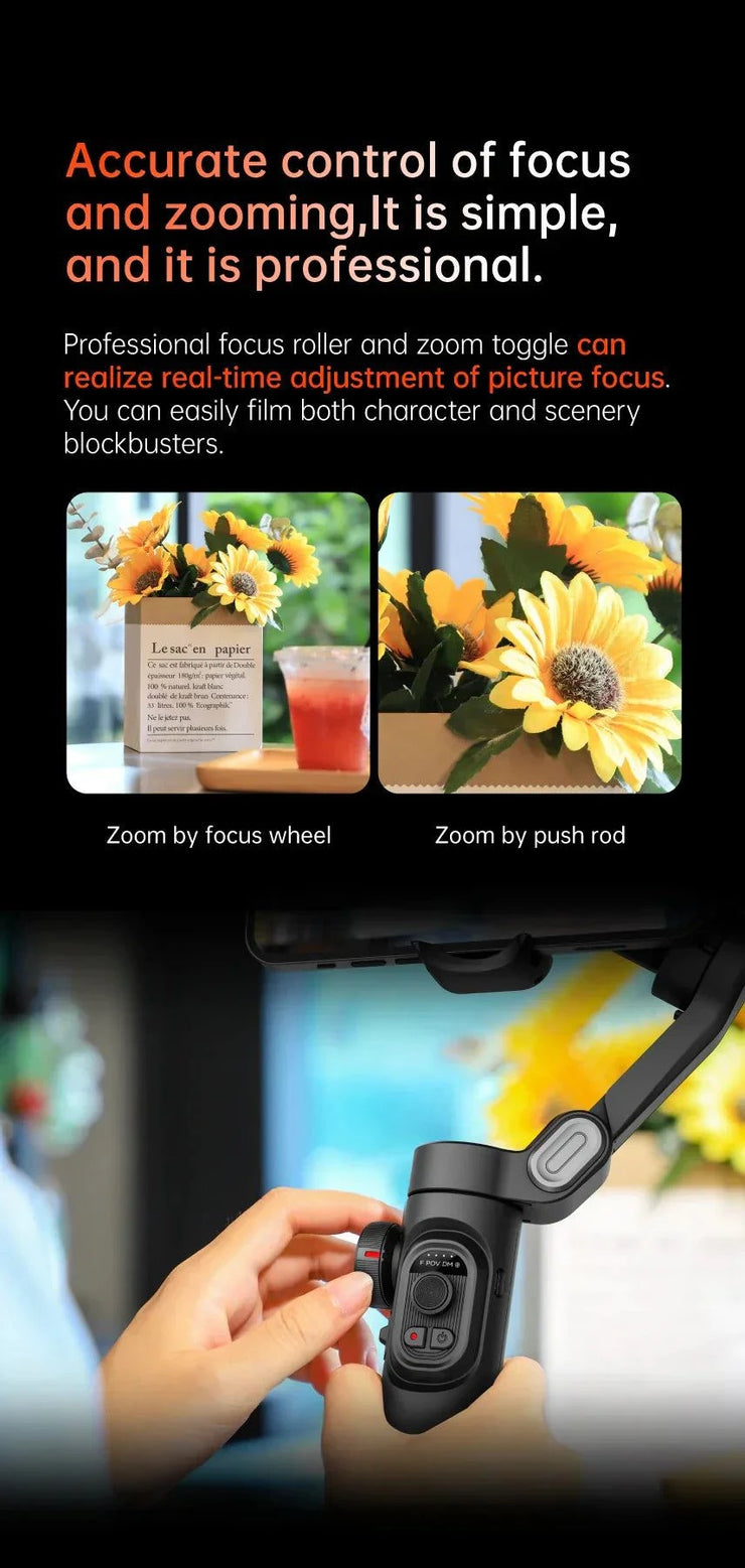 3-Axis handheld gimbal stabilizer with professional focus and zoom control for smartphone video and photography