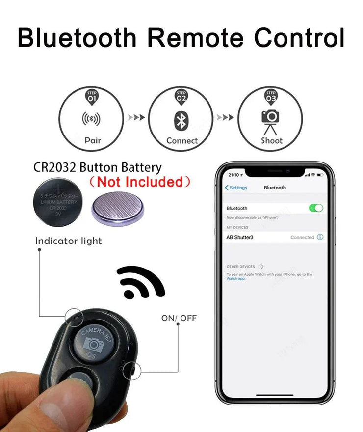 Smartphone vlogging kit Bluetooth remote control with pairing and shooting function shown with smartphone screen