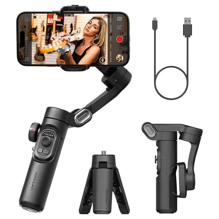 AOCHUAN 3-axis handheld gimbal stabilizer for smartphones with Bluetooth, AI face tracking, and smile snapshot feature in black with tripod and USB cable.