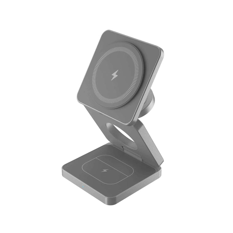 Foldable 3-in-1 magnetic wireless charger stand compatible with iPhone, AirPods, and Apple Watch for fast charging