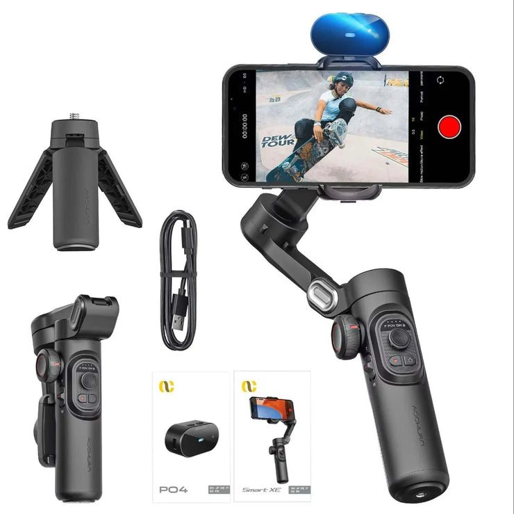 3-axis handheld gimbal stabilizer with smartphone mount and Bluetooth remote control for smooth video recording and AI face tracking.