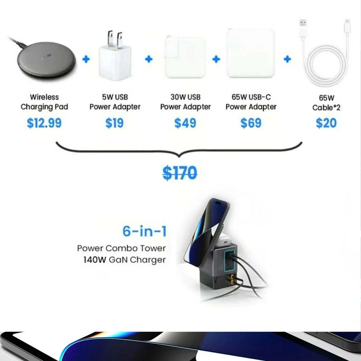 105W charging station power combo with retractable USB-C cable and 15W wireless charger for multiple devices