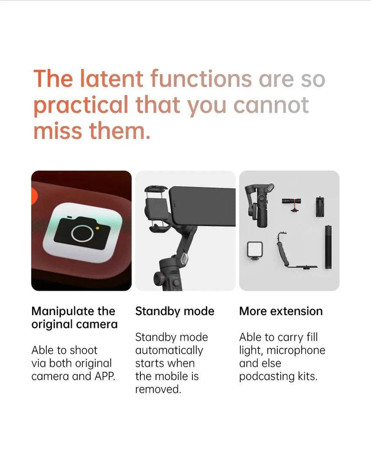 3-axis handheld gimbal stabilizer for smartphones with AI face tracking, Bluetooth control, and smile snapshot feature for stable video recording and vlogging.