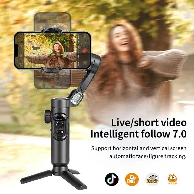 3-Axis handheld gimbal stabilizer with AI face tracking for smartphone video recording and livestreaming