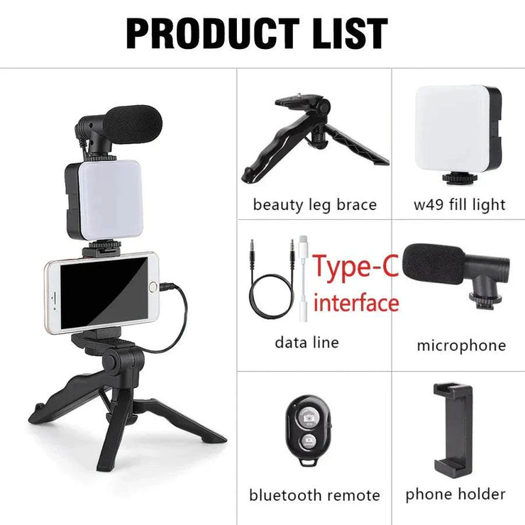 Smartphone vlogging kit with tripod, mini microphone, LED fill light, Bluetooth remote, and phone holder for video streaming and content creation.