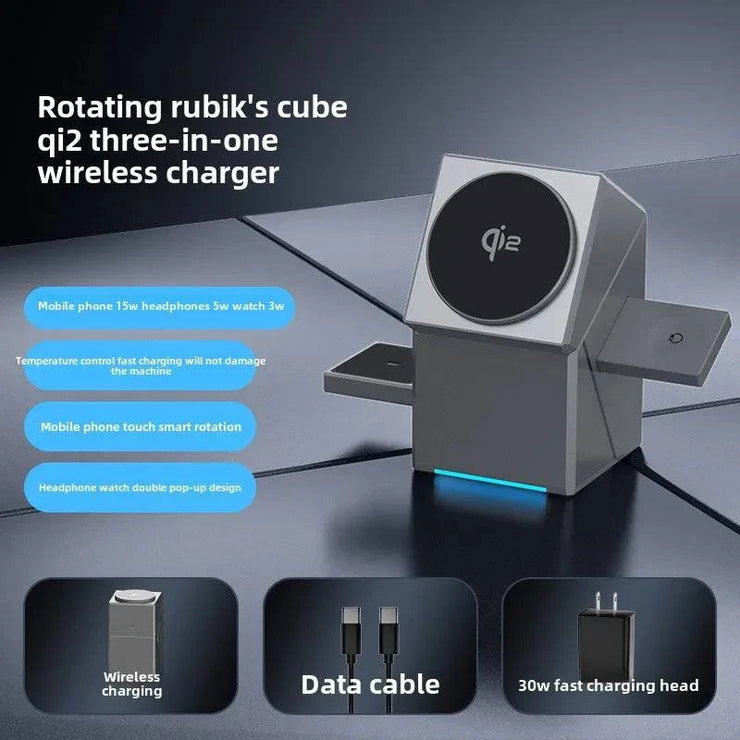 Gray multifunctional rotating rubik's cube style smart watch charger with wireless and magnetic fast charging capability and included data cable and charging head