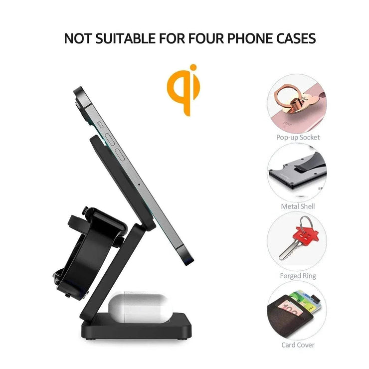 Foldable 3-in-1 magnetic wireless charger station for iPhone, AirPods, and Apple Watch with fast charging and compatibility features