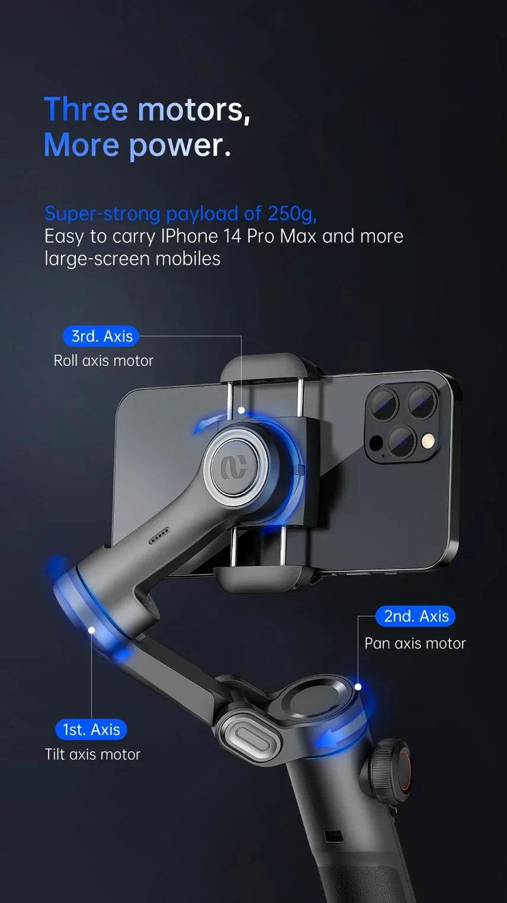 3-Axis handheld gimbal stabilizer with tilt, roll, and pan motors for smartphones including iPhone 14 Pro Max, featuring AI face tracking and Bluetooth control